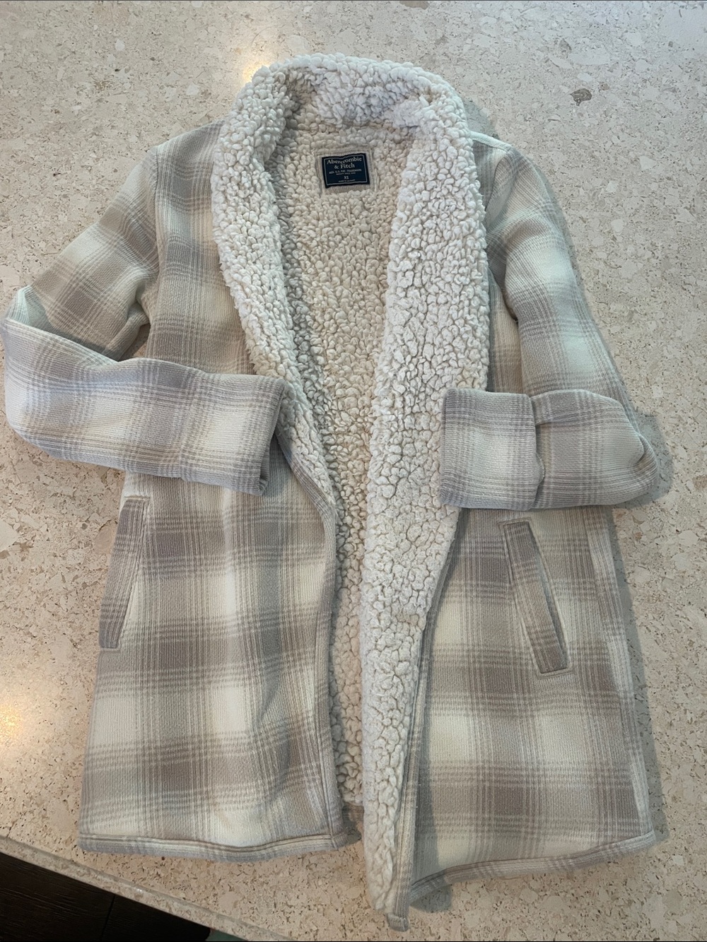 Abercrombie & Fitch Cream and Gray Plaid Teddy Coat